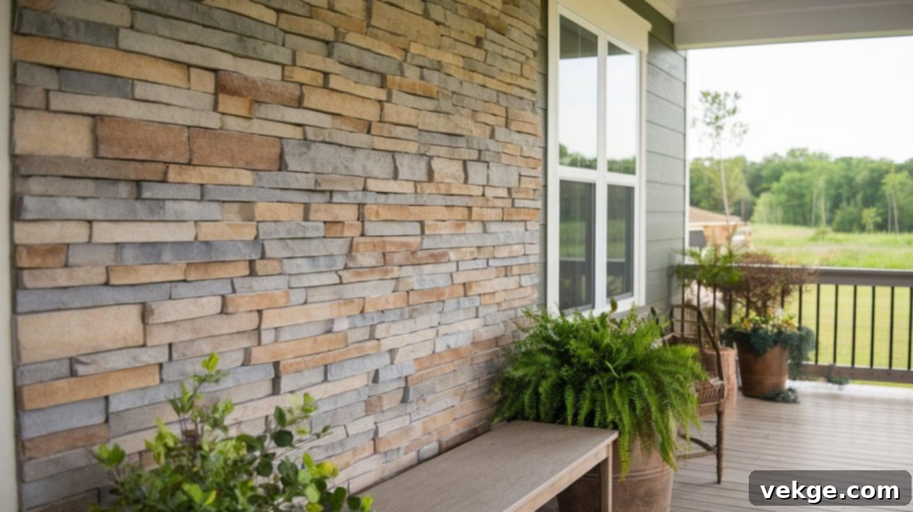 Stone Veneer Accent Walls: Porch walls covered with stone veneer, adding texture, depth, and a low-maintenance visual style to the outdoor space.