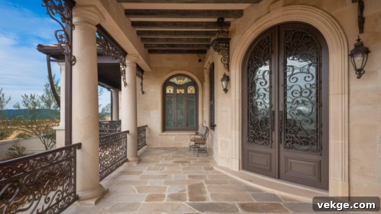 Mediterranean-Inspired Porch: Luxurious entryway featuring limestone flooring, intricate wrought iron details, and vibrant potted plants, creating a royal and inviting Mediterranean vibe.