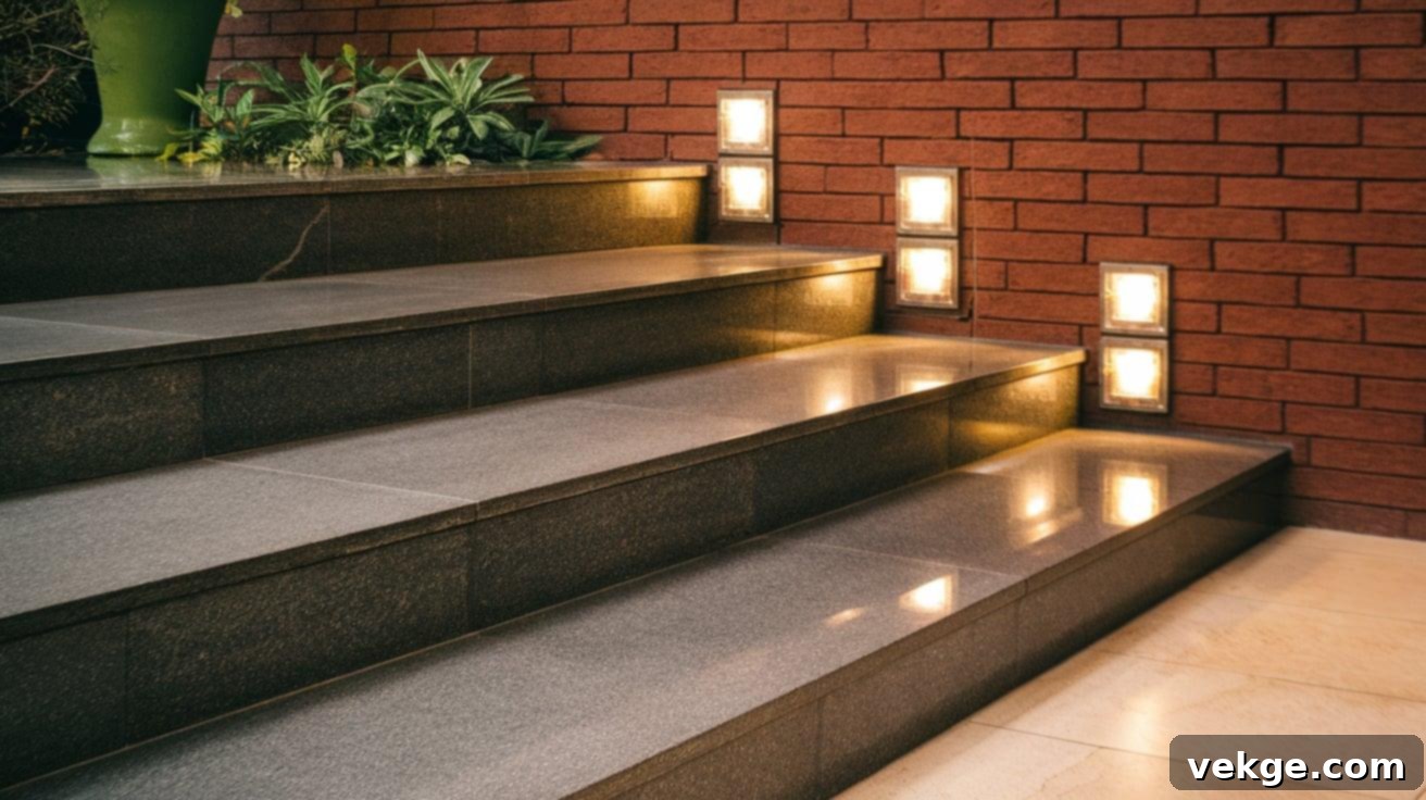 Polished Granite Steps: Sleek, modern entrance featuring smooth, highly polished granite steps, providing exceptional durability and a sophisticated, contemporary aesthetic.