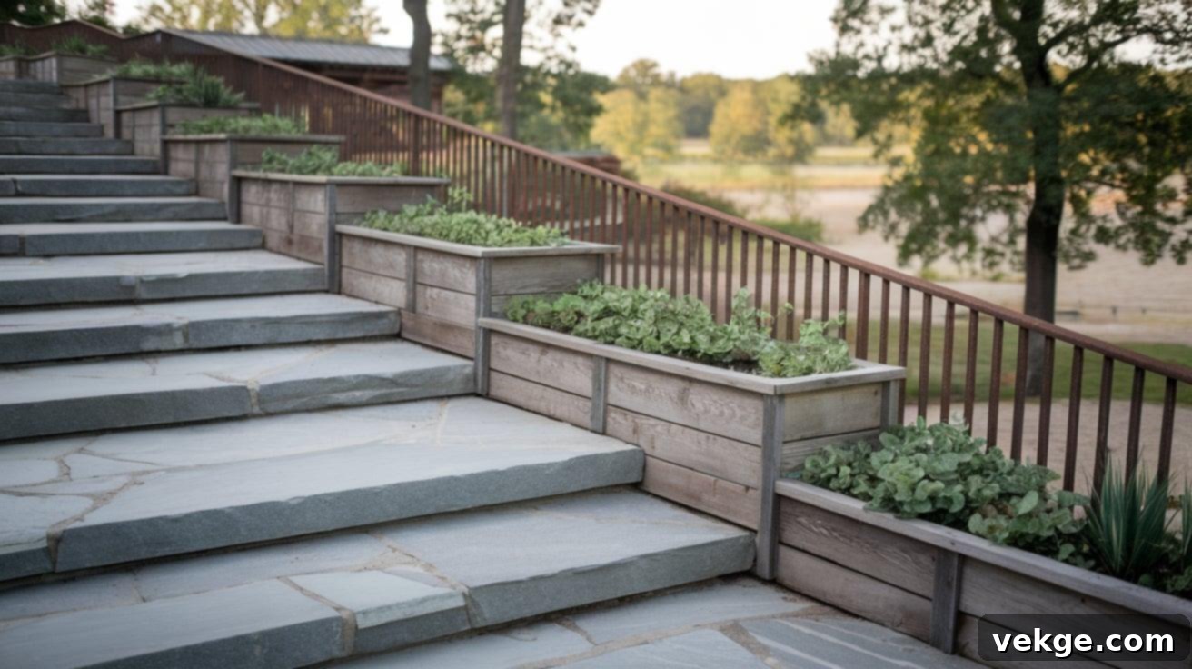 Wide Stone Steps with Planters: Inviting entrance featuring broad, welcoming stone steps flanked by integrated, built-in planters overflowing with vibrant greenery and flowers.