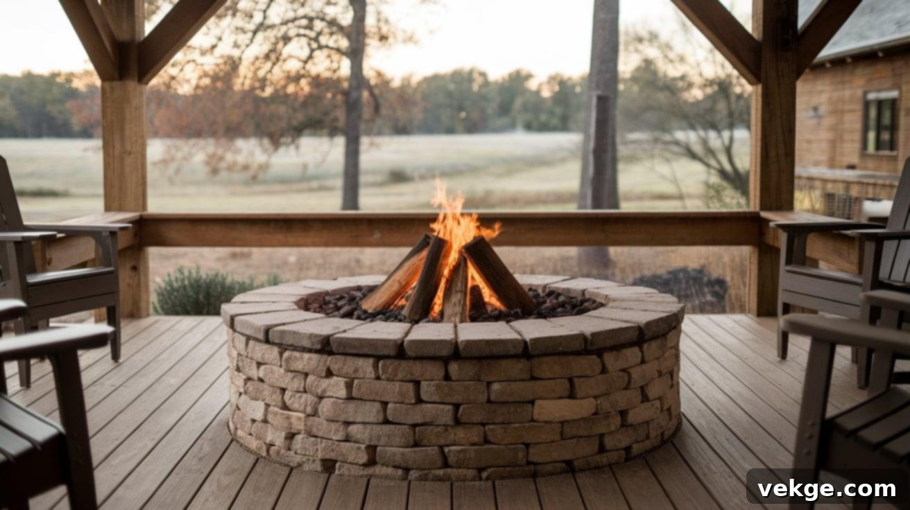 Rustic Stone Fire Pit: Cozy outdoor living space featuring a central, rustic stone fire pit, surrounded by comfortable seating, enhancing the porch's ambiance for evening gatherings.