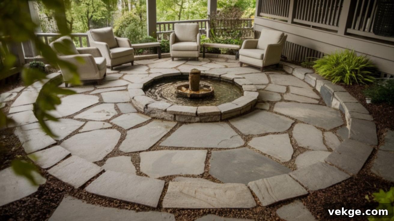 Circular Flagstone Patio: Inviting outdoor seating area on a porch, created with a circular pattern of irregular flagstones, perfect for intimate gatherings and relaxation.