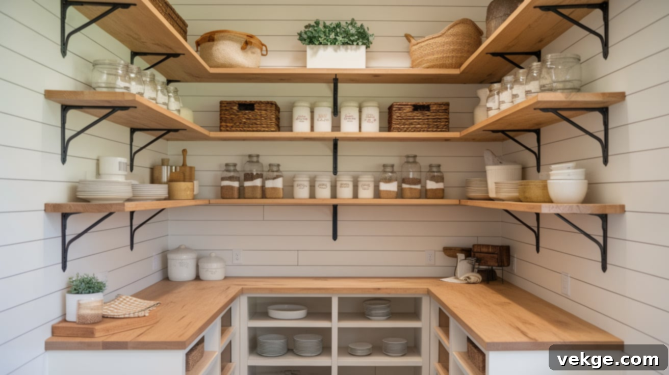 Go Farmhouse with Wood Shelving and Open Cabinets