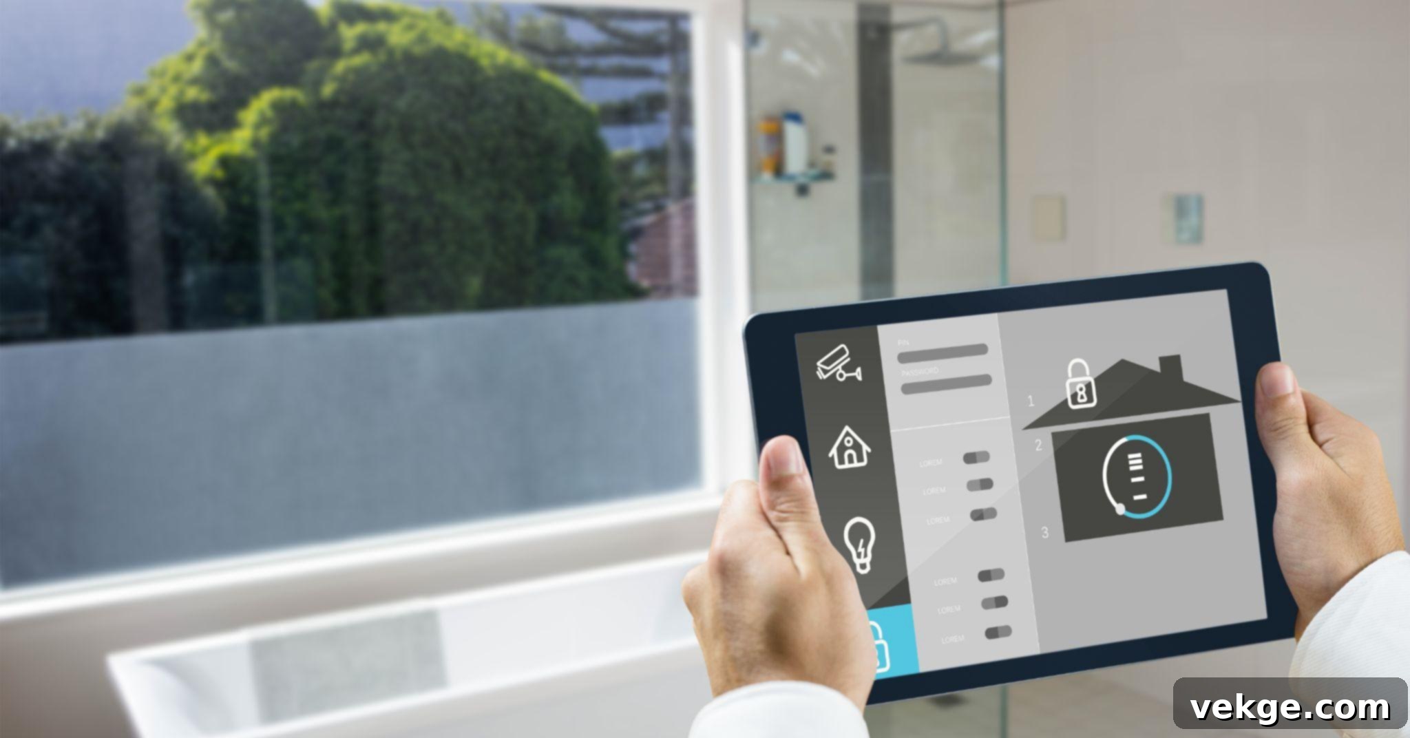 Advanced climate control system for a smart home, showing a sleek wall-mounted panel with environmental data and a modern living space.