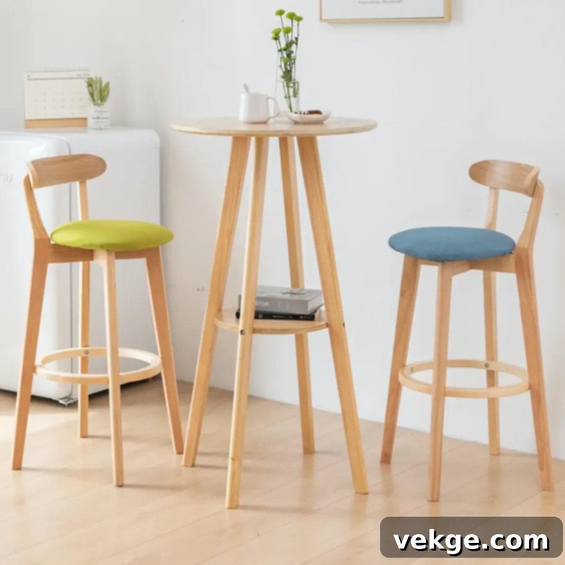 Natural wood round bar table with an integrated shelf, ideal for cozy kitchen corners and extra storage, blending rustic charm with practicality.