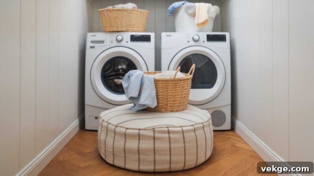 Ottoman in Laundry Room for Sitting or Storage