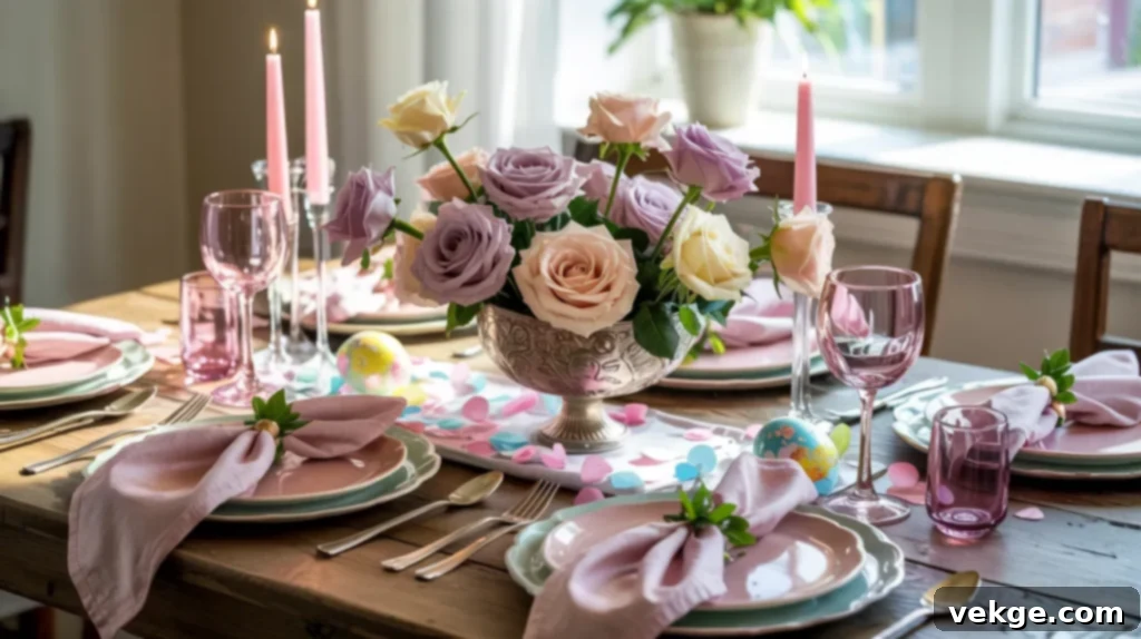 Pastel Perfection Easter Tablescape with soft hues of pink, blue, and yellow