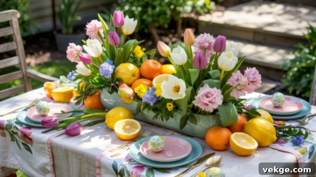 Floral and Fruit Mix Easter centerpiece with lemons, oranges, and flowers