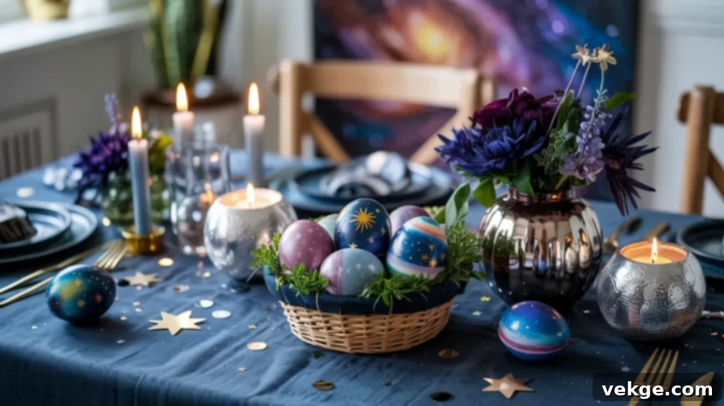 Celestial Easter table with soft pastels and sparkling stars