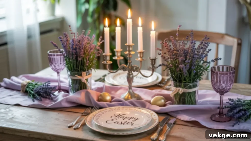 Lavender Dream Easter table with lavender linens and candles