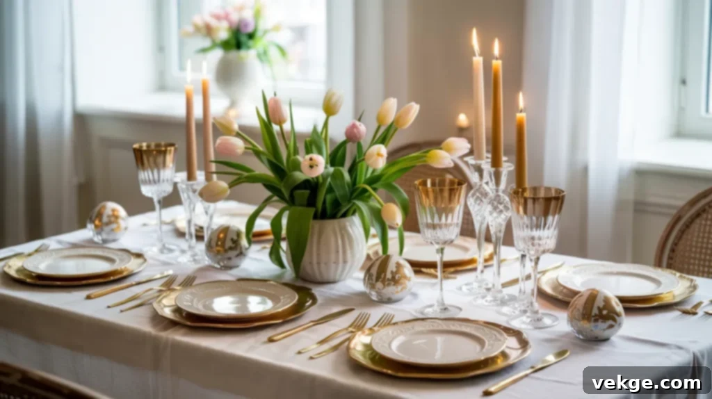 Easter table with gold accents in cutlery, chargers, and candles