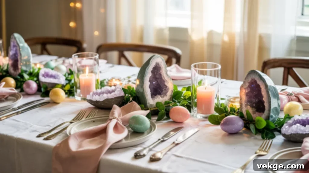 Crystal Forest Easter tablescape with mystical woodland elements and crystal accents