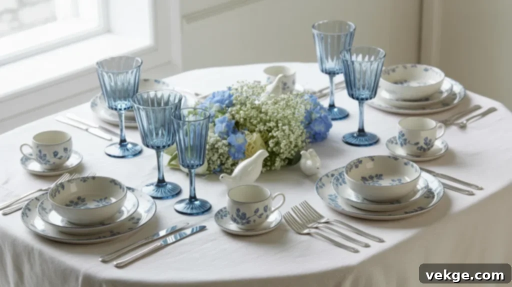 Blue and White Serenity Easter table with floral china and simple accents