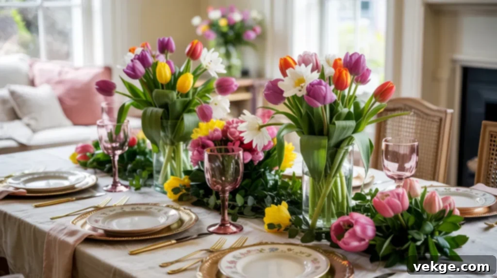 Spring Garden Easter table with fresh tulips and daisies