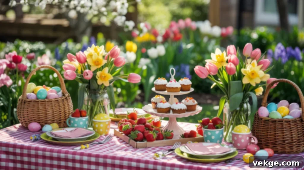 Springtime Picnic Easter table with gingham tablecloth and wicker baskets