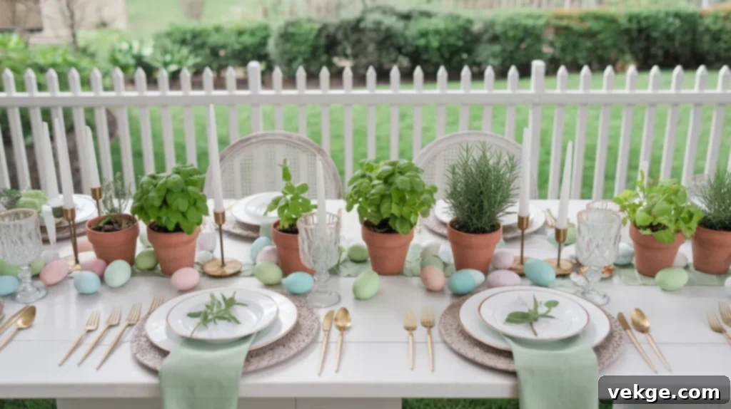 Garden Party Easter table with small potted plants and herbs