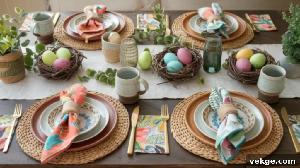 Boho Chic Easter table with woven placemats and earthy tones