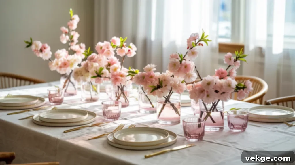 Cherry Blossom Beauty Easter table with soft pink branches as centerpieces