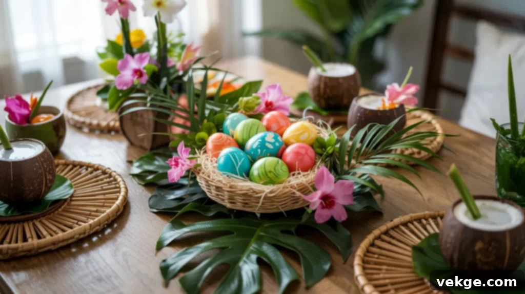 Tropical Paradise Easter table with vibrant floral arrangements and lush greenery