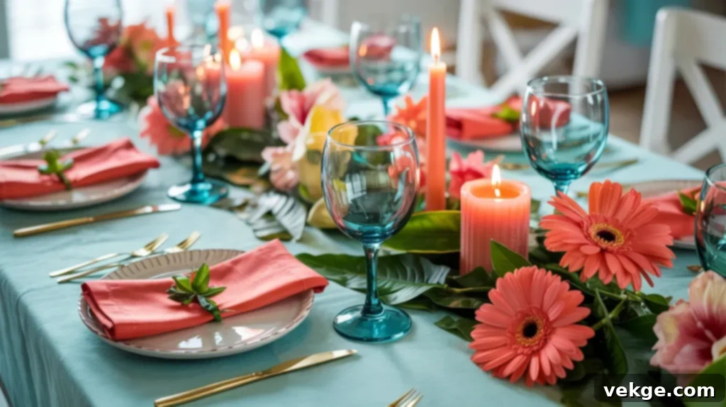 Coral and Aqua Easter tablescape with vibrant flowers and napkins