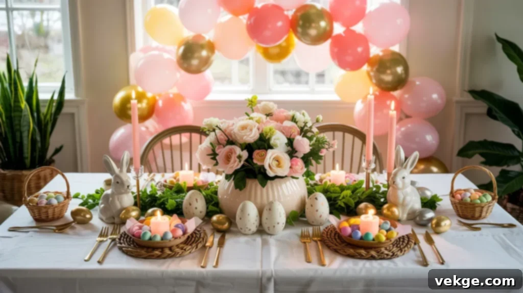 Whimsical Balloon Arch Overhead Easter table in pastel shades or metallics