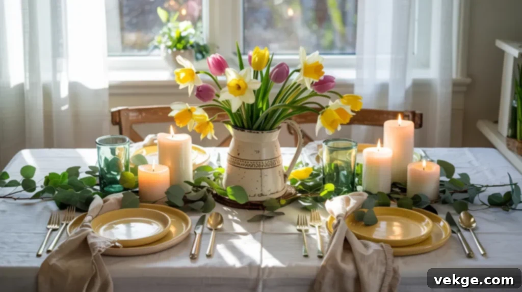 Yellow and White Easter table with greenery, sunny and fresh