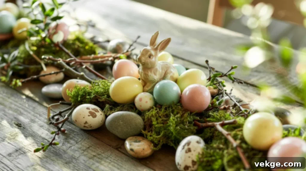 Natural Elements Easter table with branches, stones, and moss