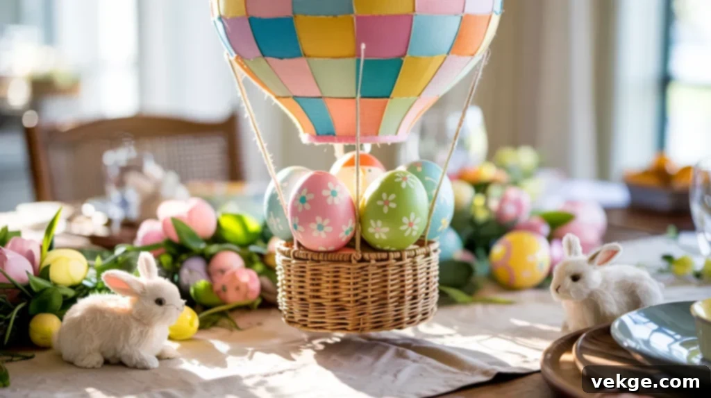 Easter Egg Hot Air Balloon centerpiece with colorful painted eggs
