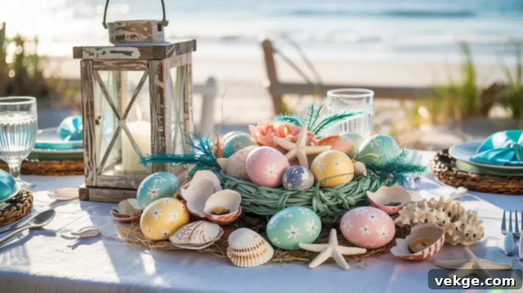 Spring at the Beach Easter table with seashells, starfish, and coastal elements
