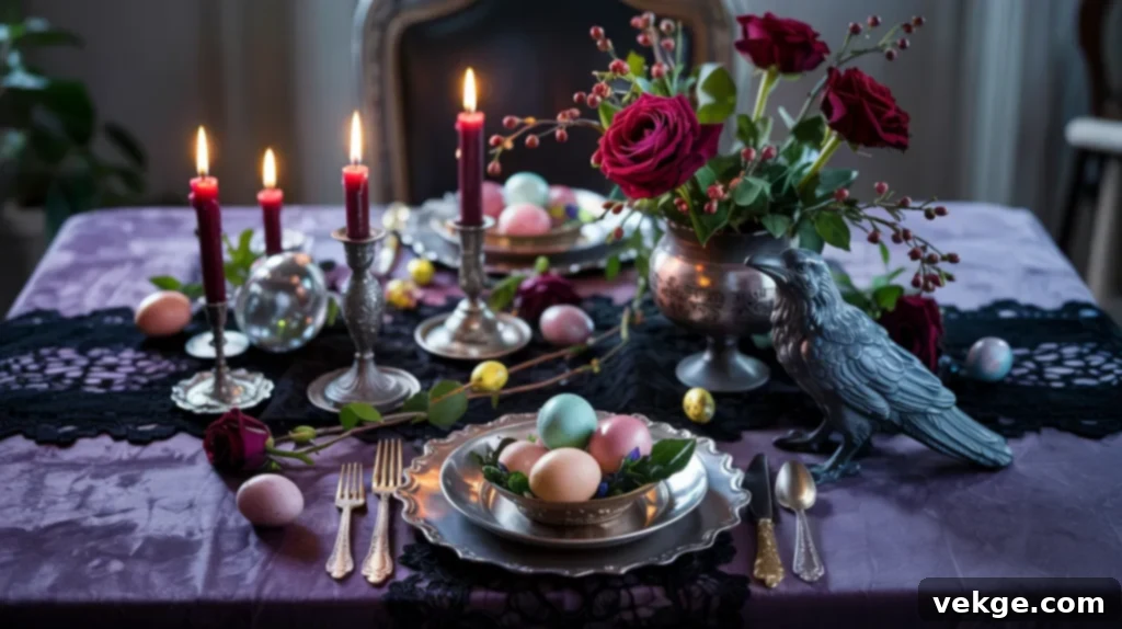 Gothic Spring Easter table with dark purple, deep reds, silver cutlery, and black linens