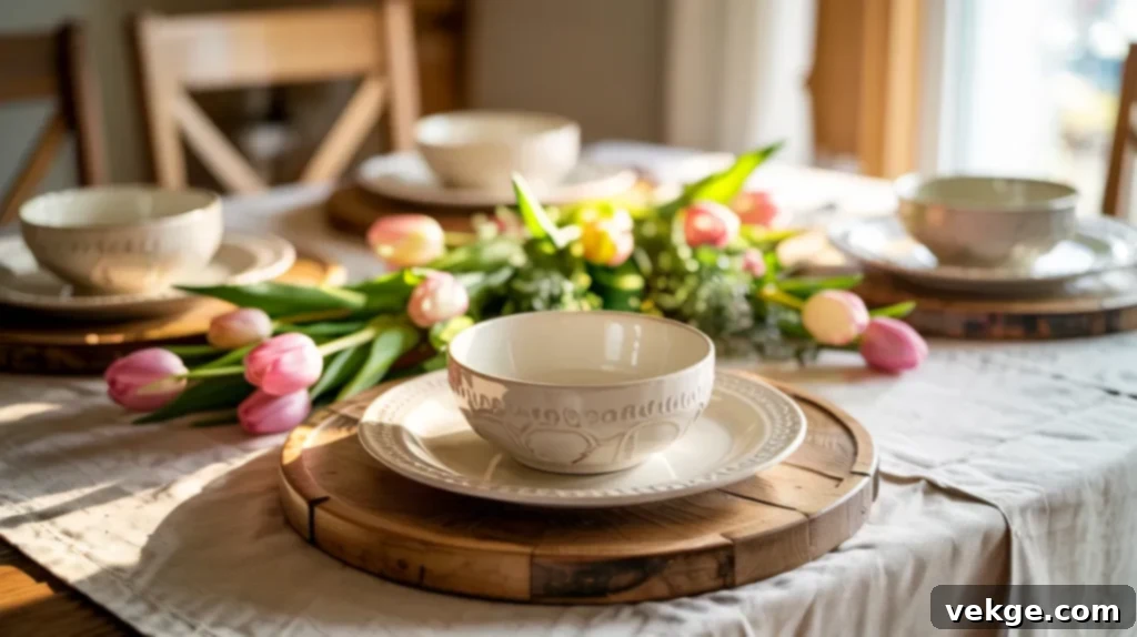 Rustic Wooden Charger Plates with simple dinnerware for Easter
