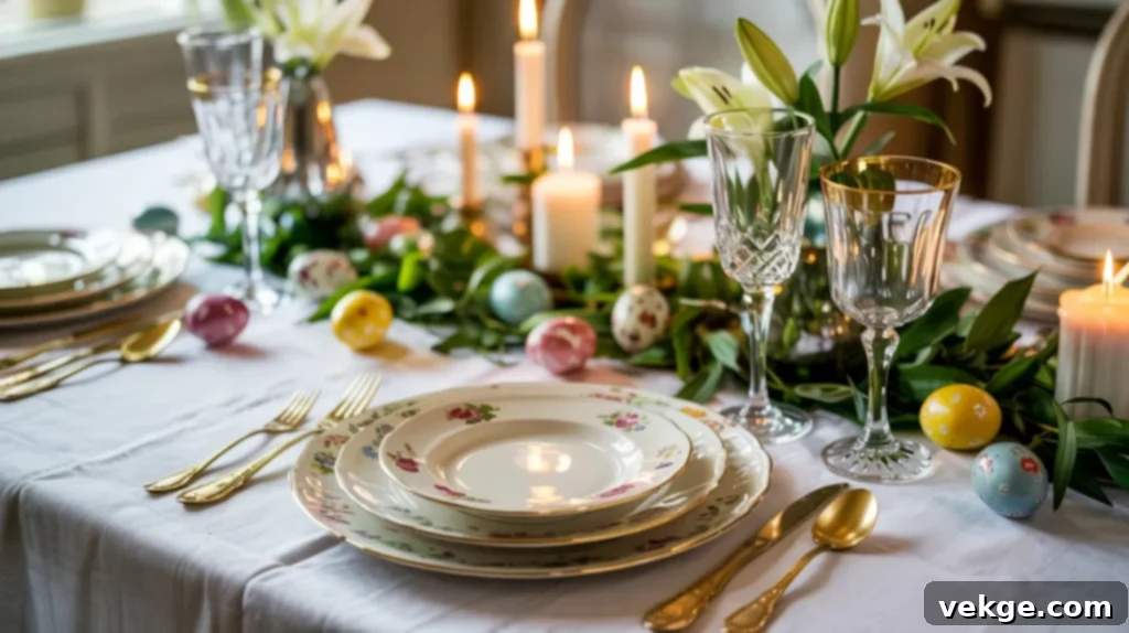 White Easter table with golden flatware and soft candlelight