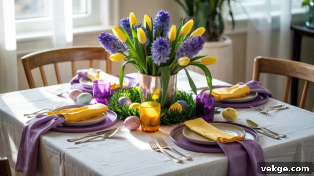 Purple and Yellow Cheer Easter table with vibrant napkins, plates, and flowers