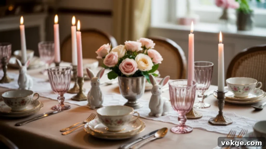 Vintage Easter table with porcelain bunnies and lace tablecloth