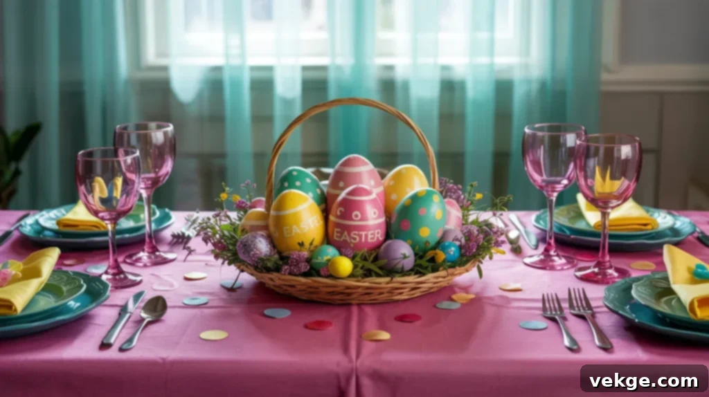 Bright and Bold Easter tablescape with fuchsia, yellow, and turquoise
