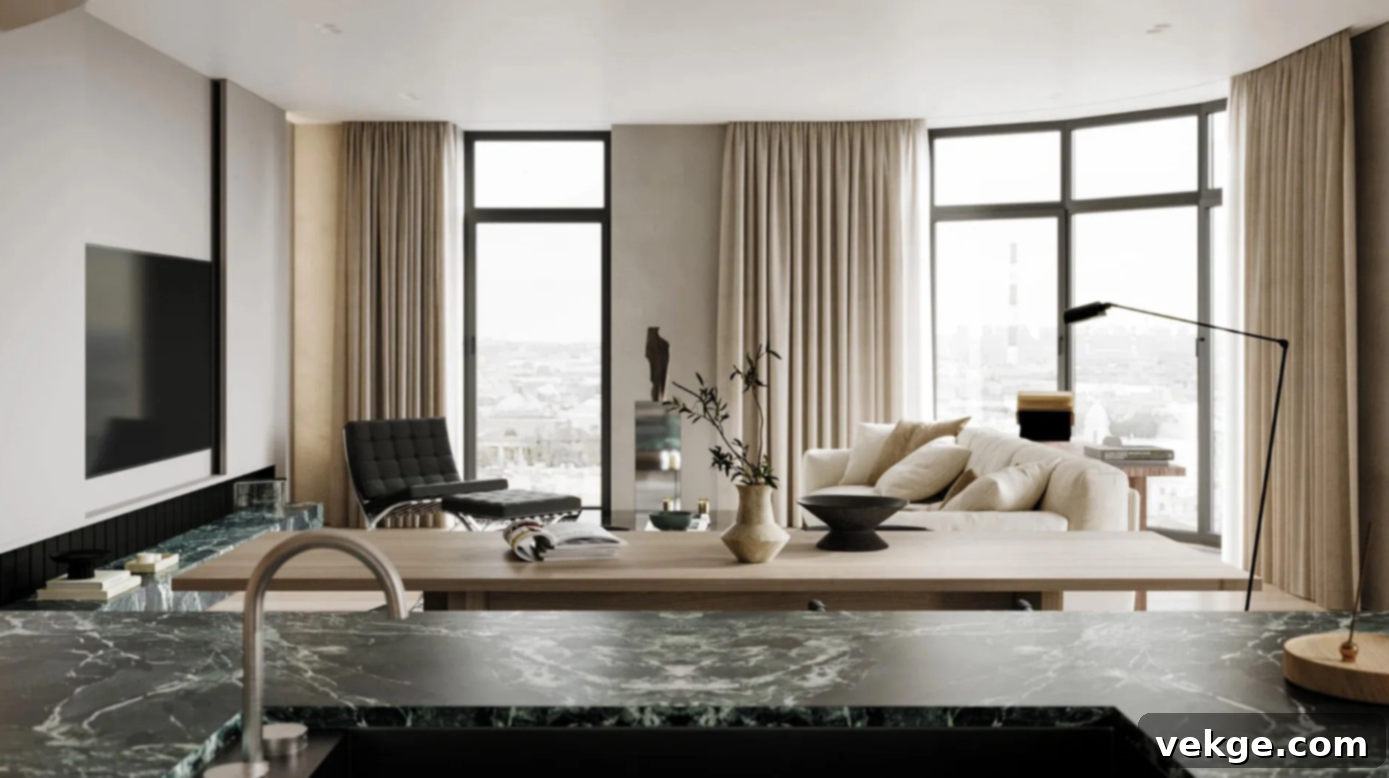 Living room showcasing a mix of wood, metal, and fabric textures