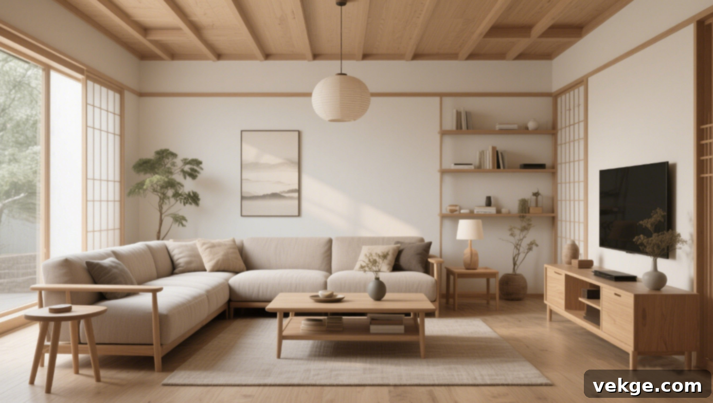 Living space balancing open and closed elements, like a half-wall and sliding door