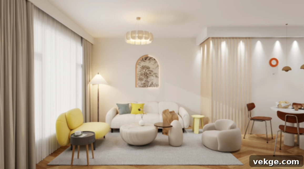 Living room with layered lighting, including overhead and accent lights