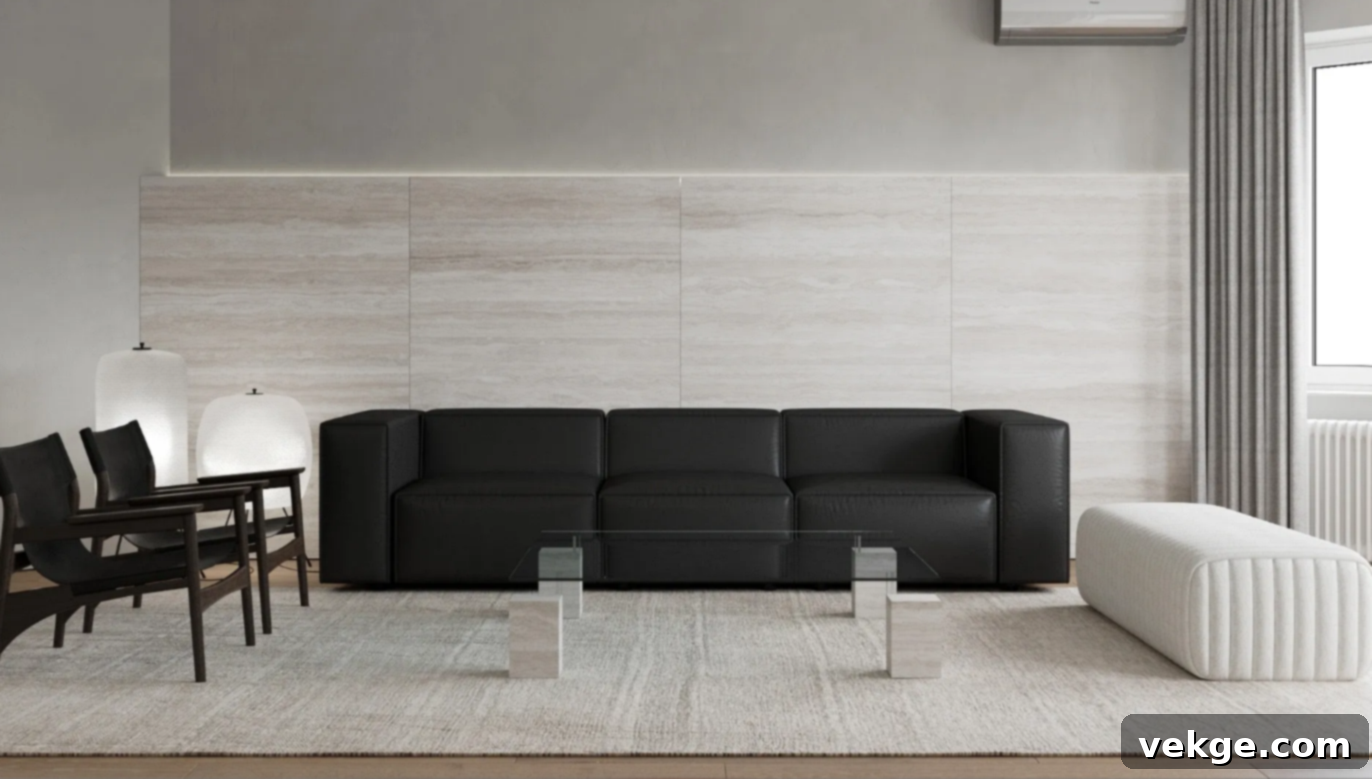 Minimalist living room with ample blank space emphasizing key furniture