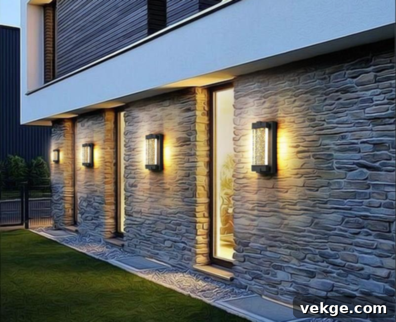 Various types of outdoor lights including wall lights, garden spike lights, and bollard lights
