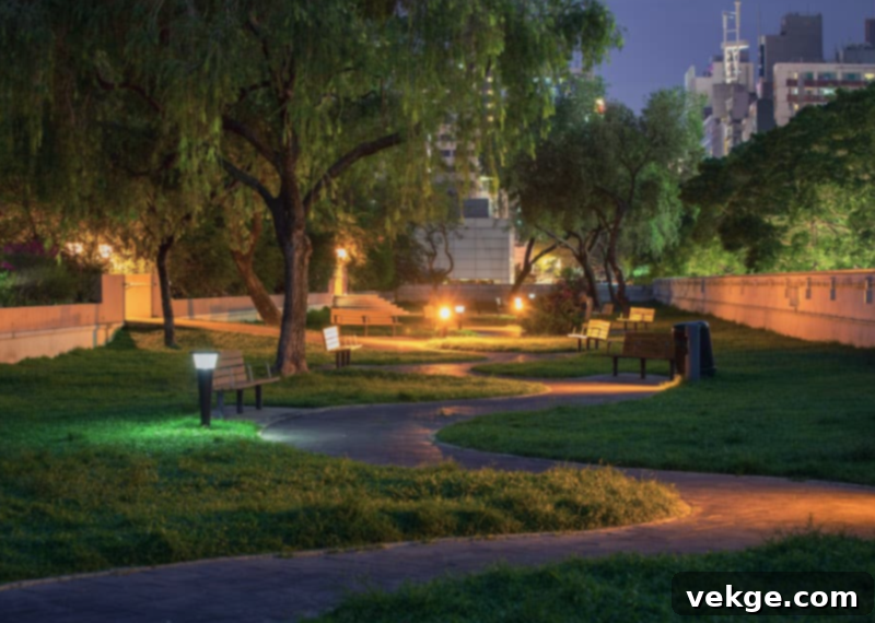 Garden spike lights illuminating a pathway and plants