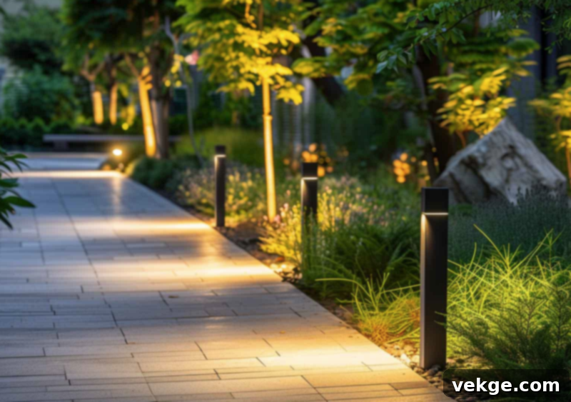 Decorative post lights illuminating a garden path