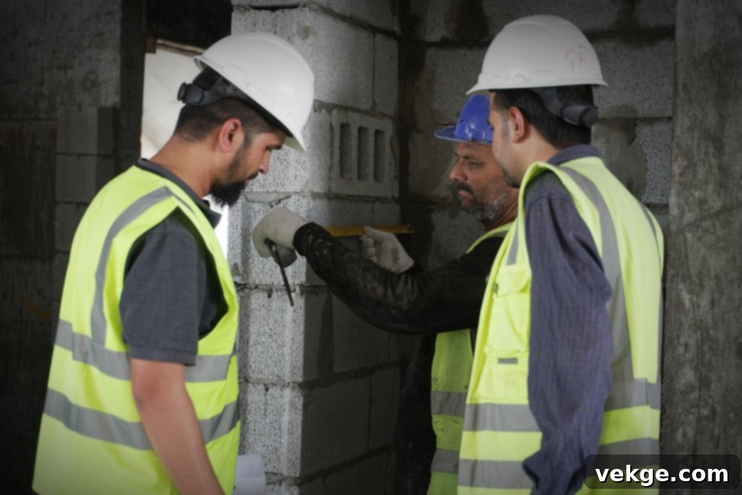 Construction Inspections: Building Trust and Securing Your Investment 2 Construction inspector meticulously reviewing blueprints on a bustling job site with workers in the background, symbolizing proactive risk mitigation and vigilant quality control.
