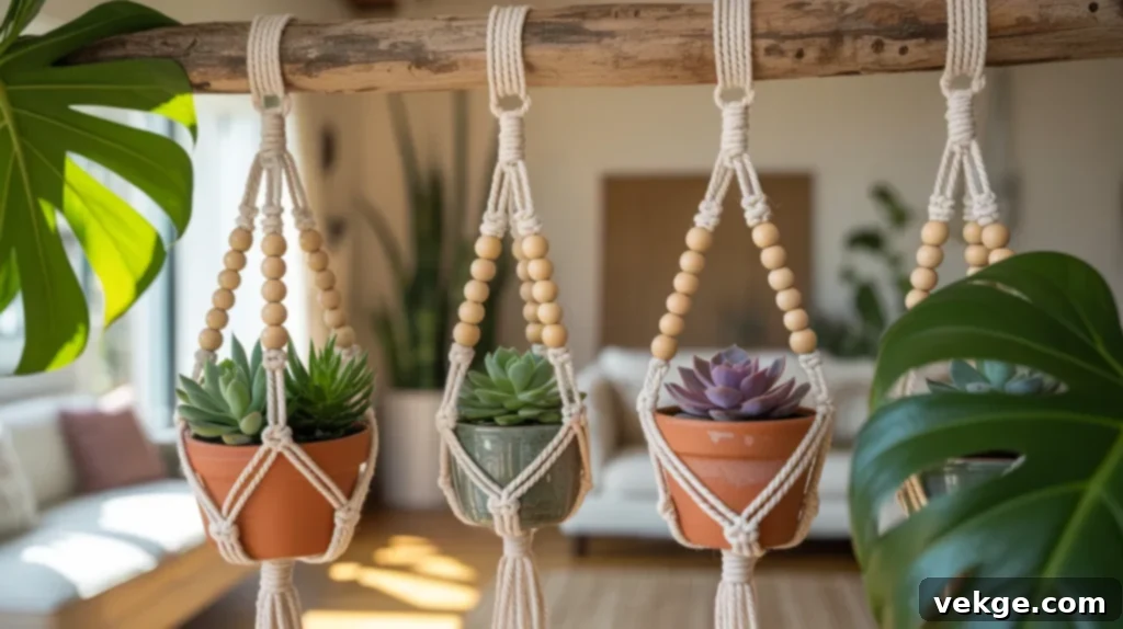 Modern boho style beaded plant hangers made with macrame cord and wooden beads.