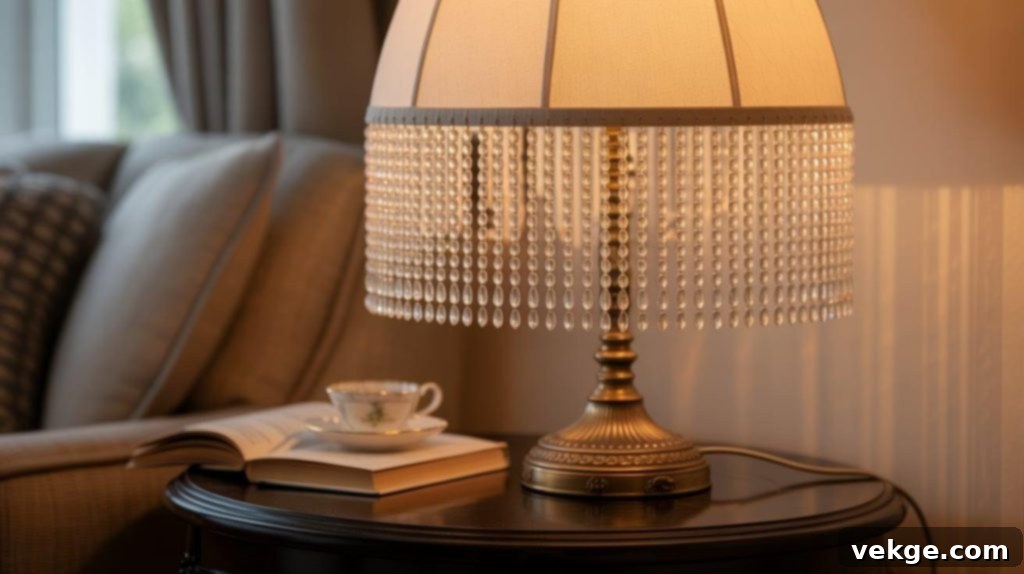 Lampshade with elegant beaded fringe along the bottom edge, using crystal and glass beads.