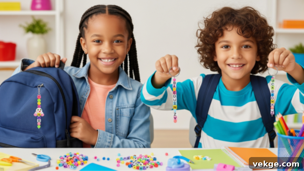Kids' back-to-school crafts: beaded backpack charms and name keyrings.