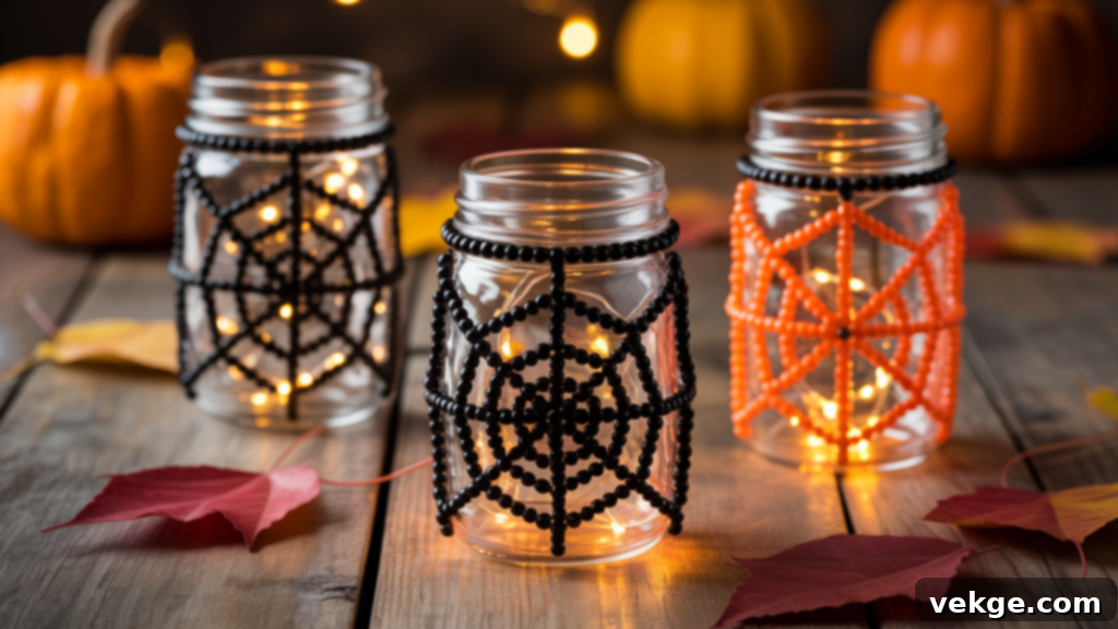 Spooky Halloween bead lanterns decorated with spiderweb designs and orange and black beads.