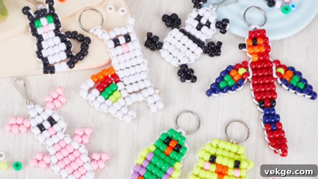 Colorful pony bead animals like butterflies and lizards, strung on thread, suitable for kids aged 6 and up.