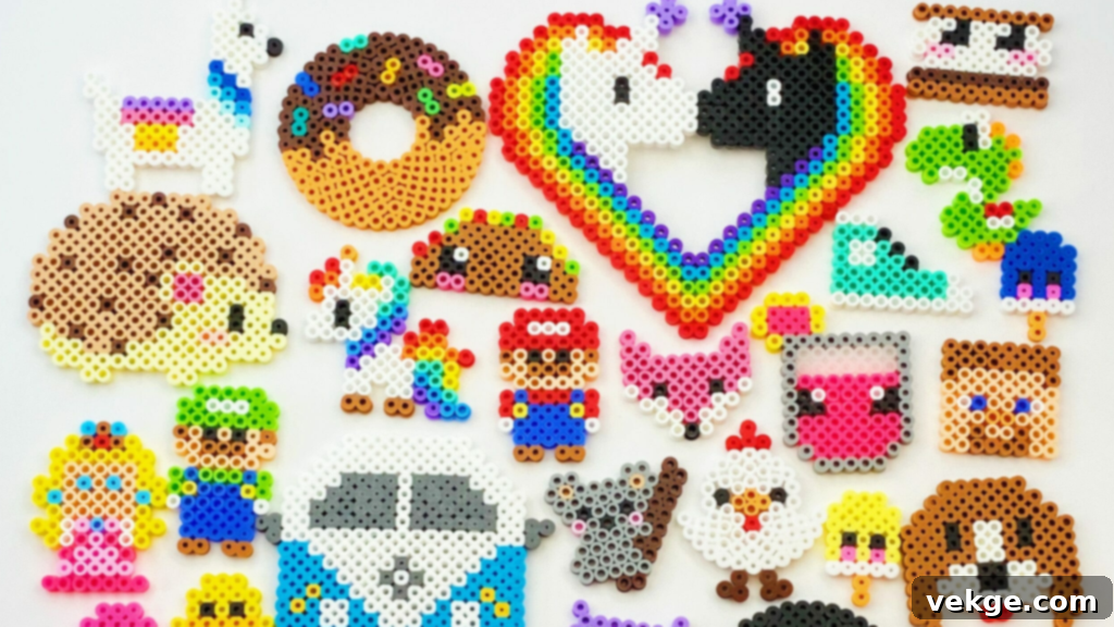 Various colorful fuse bead designs, including animals and emojis, arranged on pegboards and melted.