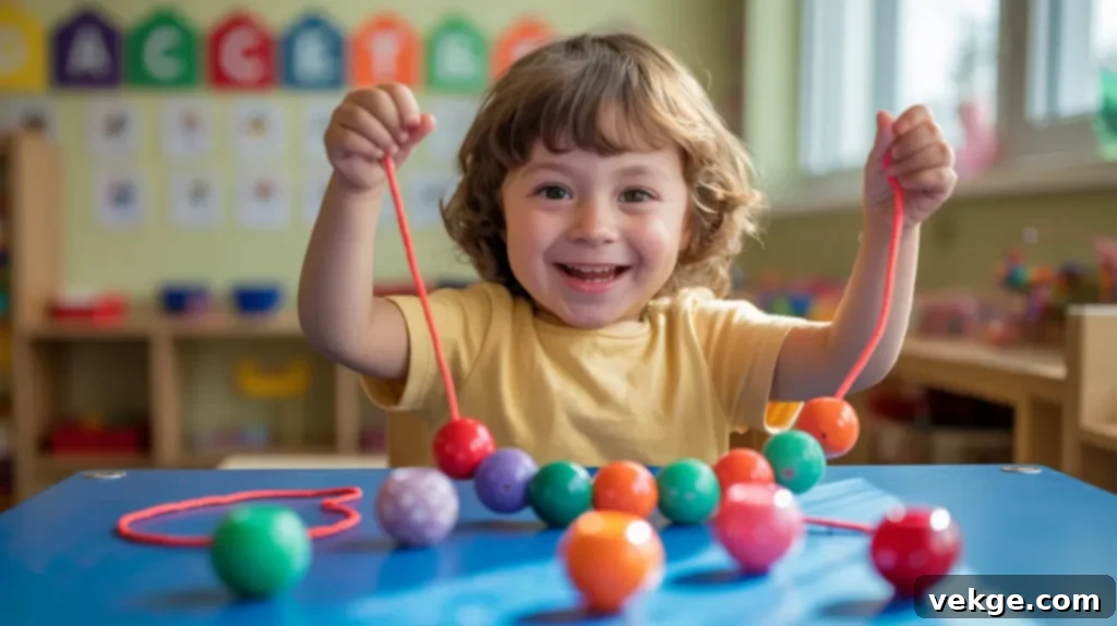 Preschoolers engaging in safe bead projects with large, chunky beads and thick string, supervised by an adult.